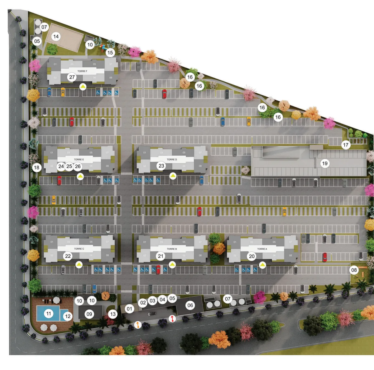 Implantação do Park Espanha, com as seis torres de A a F, o edifício garagem, as piscinas, a quadra de beach tennis e as áreas de lazer
