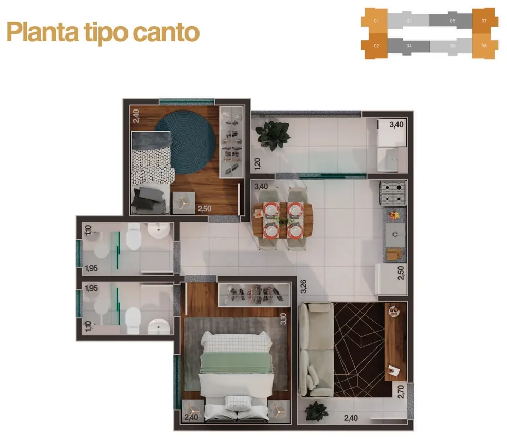 Planta tipo canto do Park Espanha, unidades de final 01, 02, 07 e 08, com suíte, quarto, dois banheiros, sala, cozinha e área de serviço