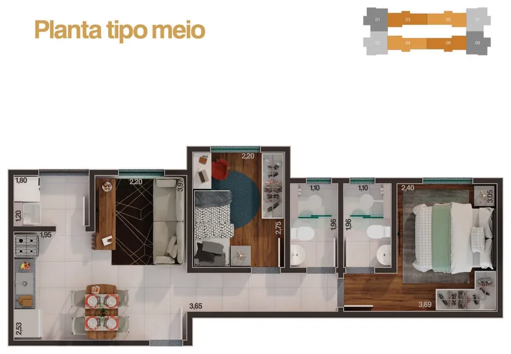 Planta tipo meio do Park Espanha, unidades de final 03, 04, 05 e 06, com suíte, quarto, dois banheiros, sala, cozinha e área de serviço