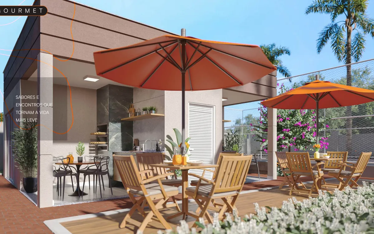 Render do espaço gourmet do Park Jardim do Sol, Novo Mundo, Uberlândia