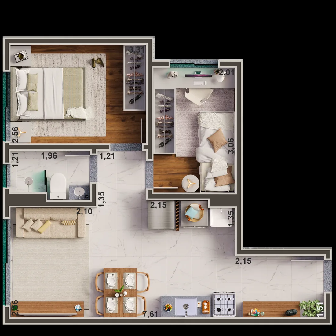 Planta de apartamento de 2 quartos do Park Jardim do Sol, Novo Mundo, Uberlândia