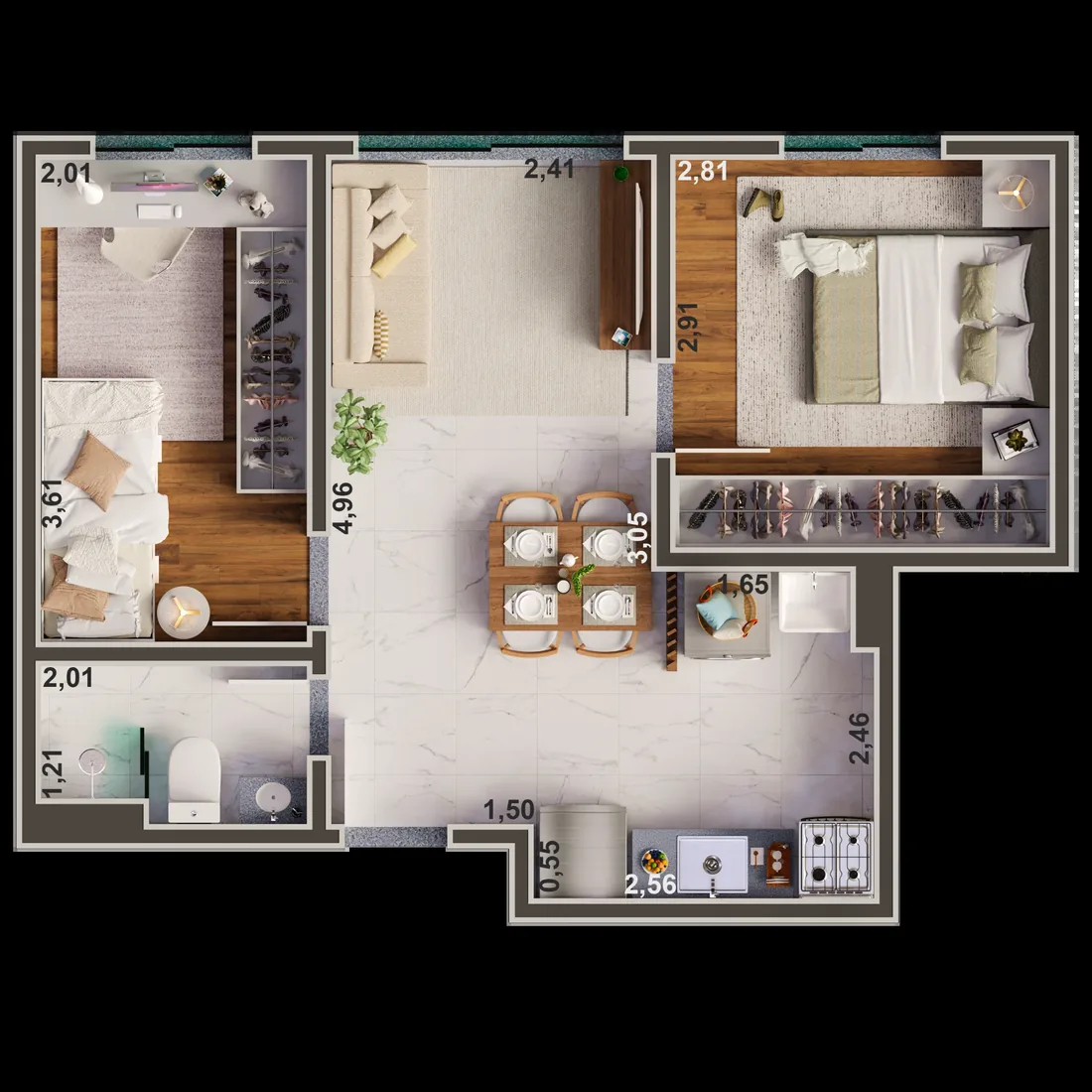 Planta de apartamento de 2 quartos com suíte do Park Jardim do Sol, Novo Mundo, Uberlândia