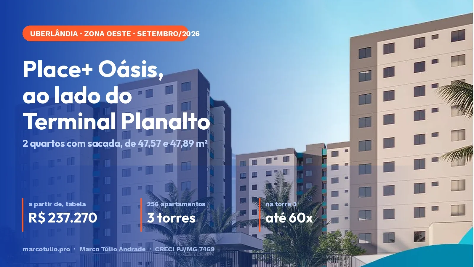 Place+ Oásis, ao lado do Terminal Planalto, em Uberlândia: 2 quartos com sacada, a partir de R$ 237.270, em 3 torres