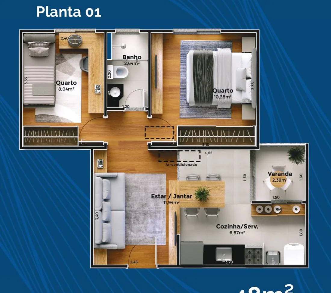 Planta do apartamento de 2 quartos do Place+ Oásis, com sala conjugada, cozinha, área de serviço e varanda