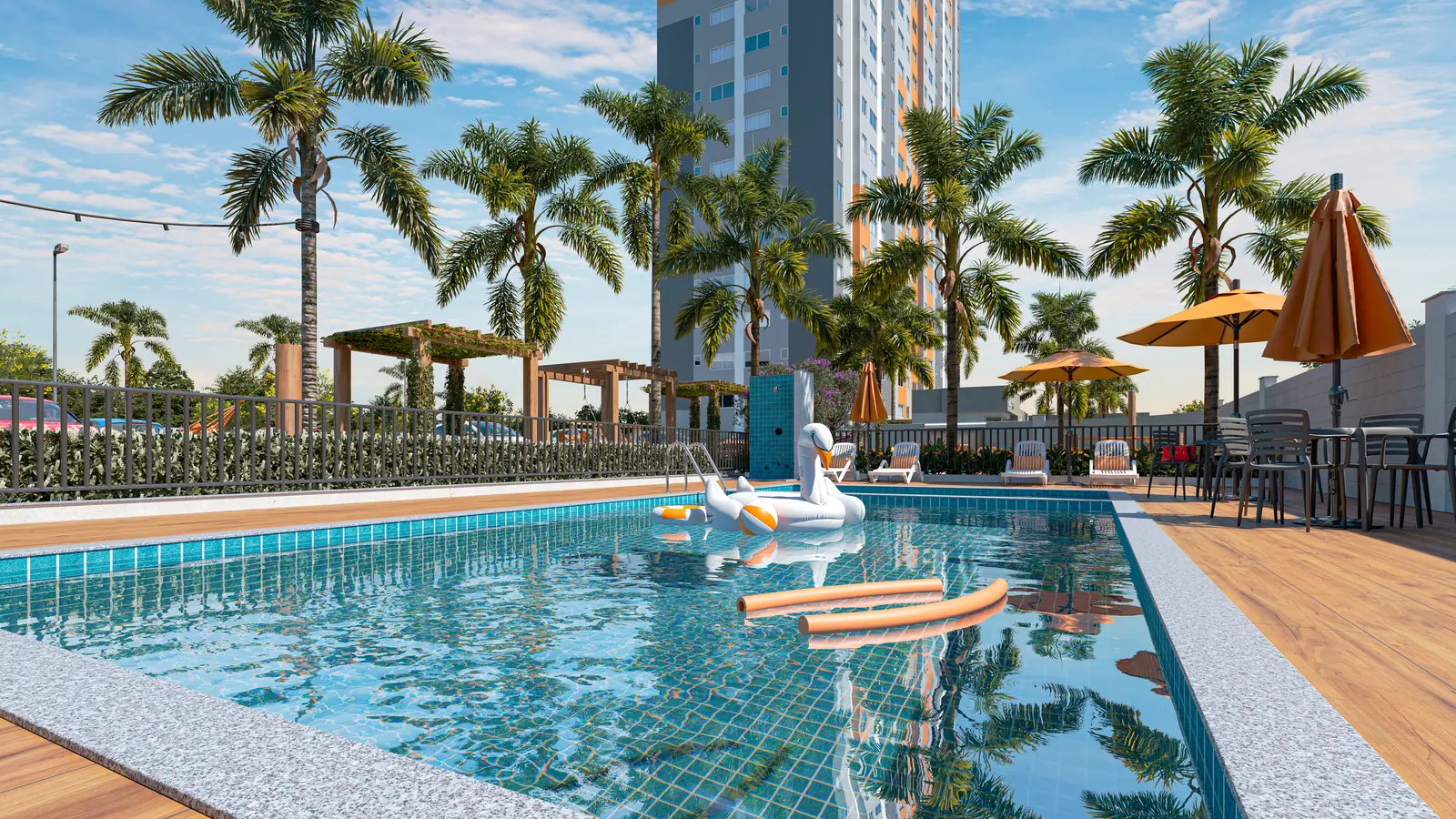 Piscina adulto do Reserva das Aroeiras com deck de madeira, espreguiçadeiras, ombrelones e a torre ao fundo
