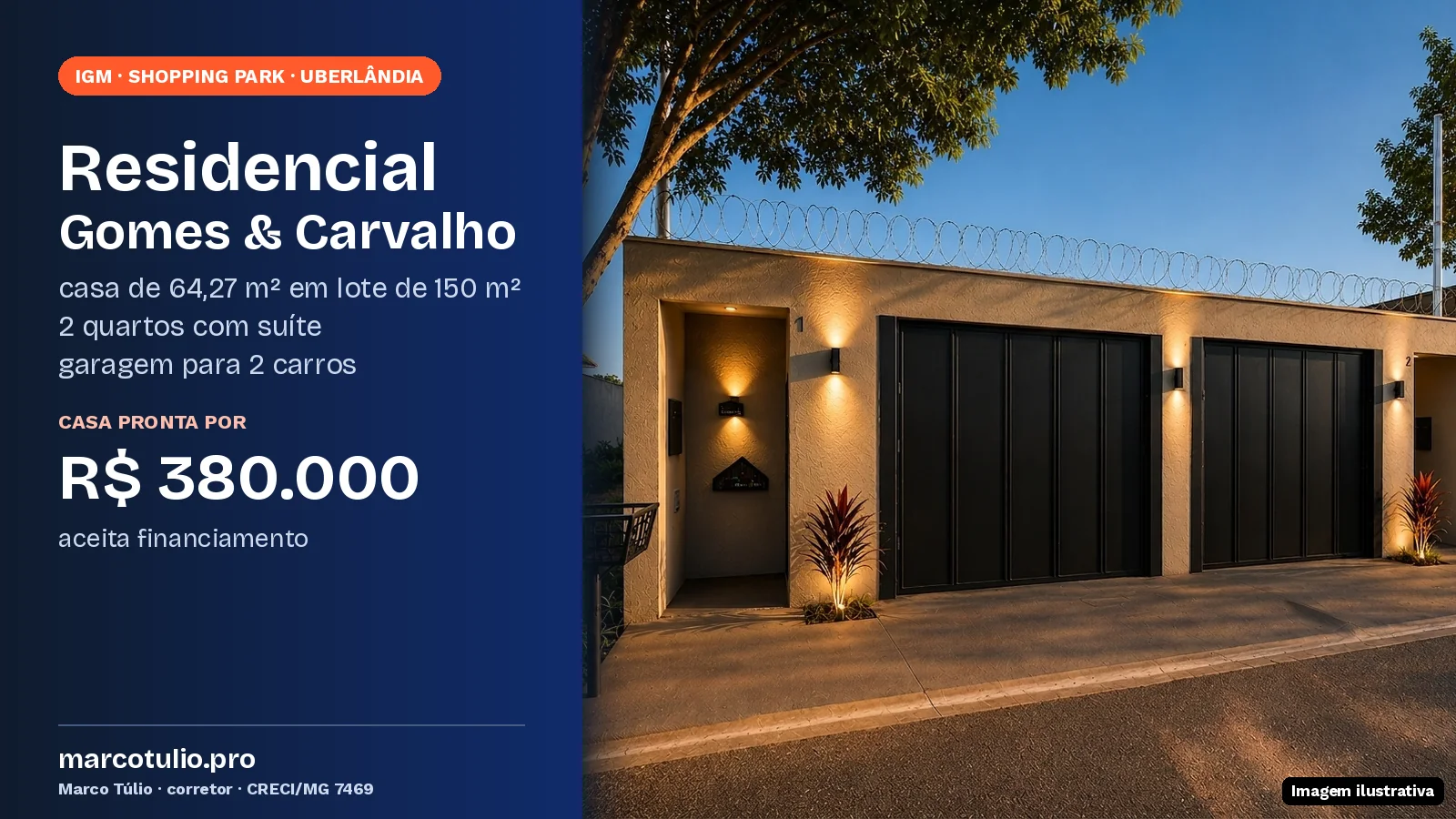 Capa do Residencial Gomes & Carvalho, da IGM, na Rua Bruno Serato, 112, Shopping Park, Uberlândia, com a fachada das casas e o resumo: 64,27 m² em lote de 150 m², 2 quartos com suíte, garagem para 2 carros, R$ 380.000