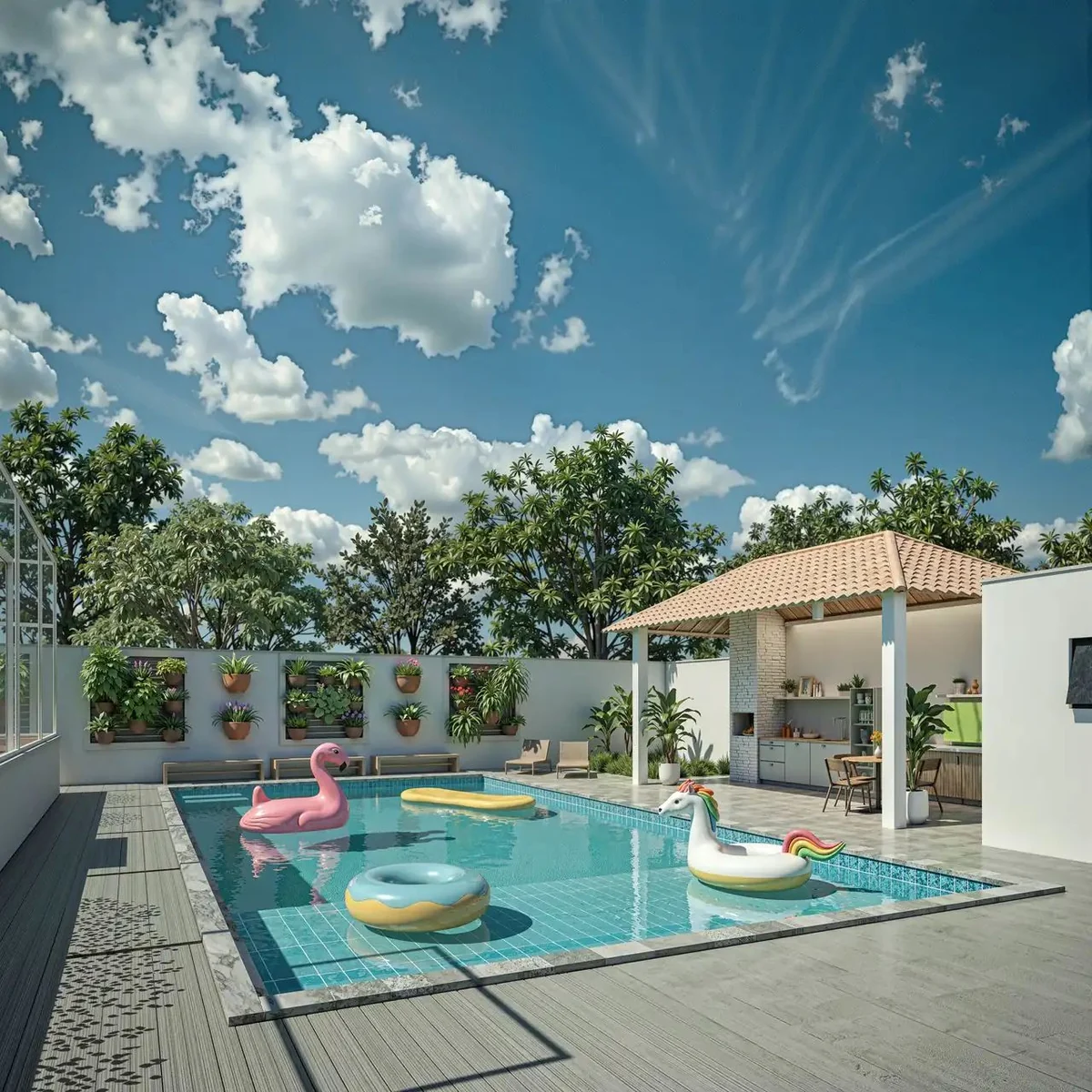 Piscina com deck e quiosque com churrasqueira na área de lazer do Solis Residence, no Morumbi, Uberlândia