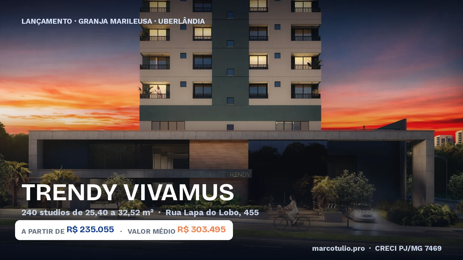 Ficha do Trendy Vivamus: 240 studios em 2 torres no Granja Marileusa, 4 plantas de 25,40 a 32,52 m&sup2;, a partir de R$ 235.055