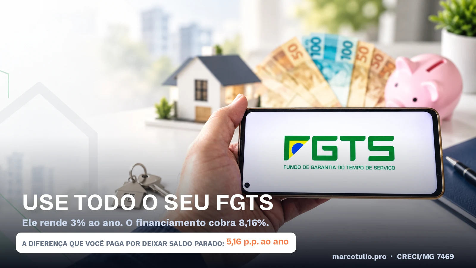 Mão segurando celular com a logo do FGTS, ao lado de maquete de casa, chaves e dinheiro, ilustrando o uso do FGTS no financiamento