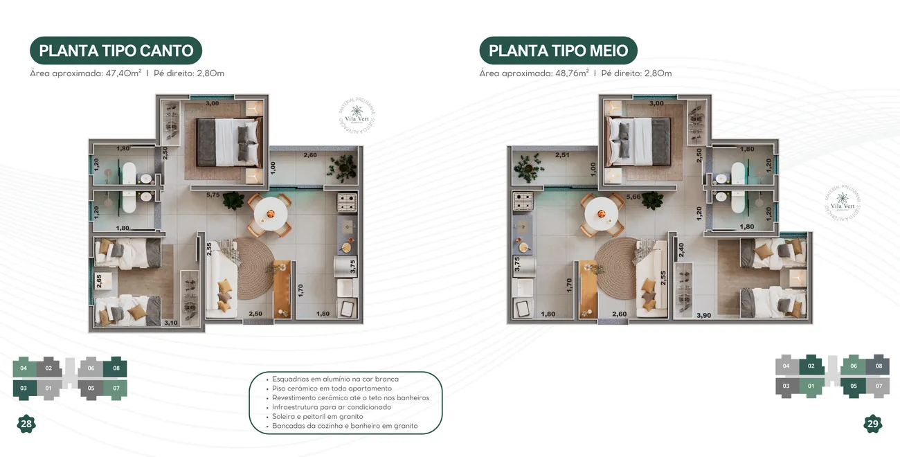 Plantas do Vila Vert: tipo canto com 47,40 m² e tipo meio com 48,76 m², ambas 2 quartos com suíte e varanda