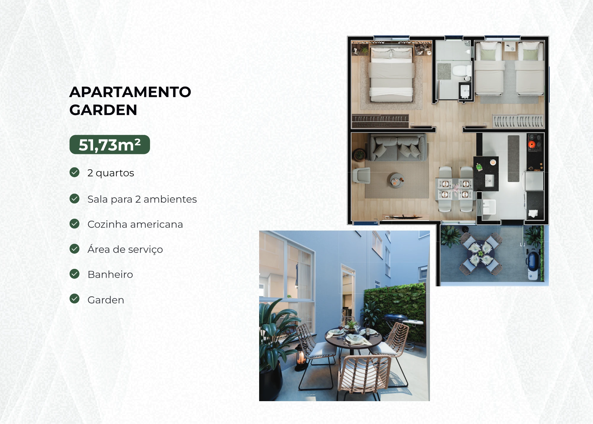 Planta do apartamento garden do Villa Castelli, 51,73 m², 2 quartos com quintal