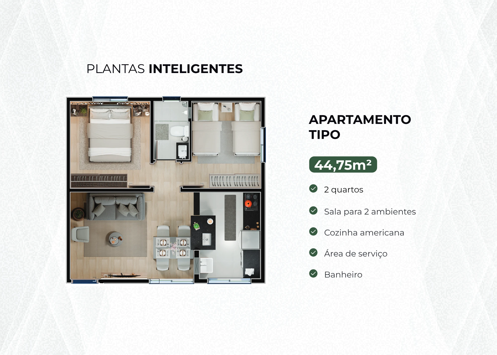 Planta do apartamento tipo do Villa Castelli, 44,75 m², 2 quartos
