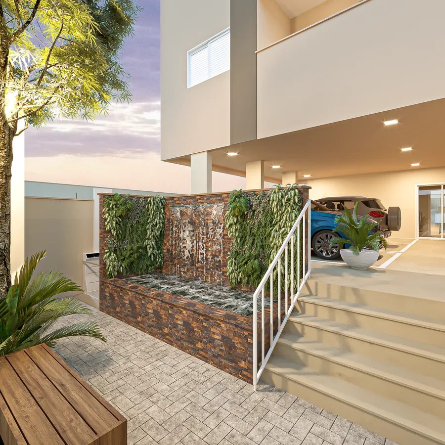 Imagem ilustrativa da entrada do Vista Reale Residence com escada, jardim e cascata
