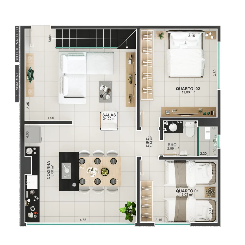 Planta com cotas do piso de baixo da cobertura duplex do Vista Reale: salas de 24,20 m², cozinha de 8 m², quartos de 11,66 e 8,03 m² e banheiro
