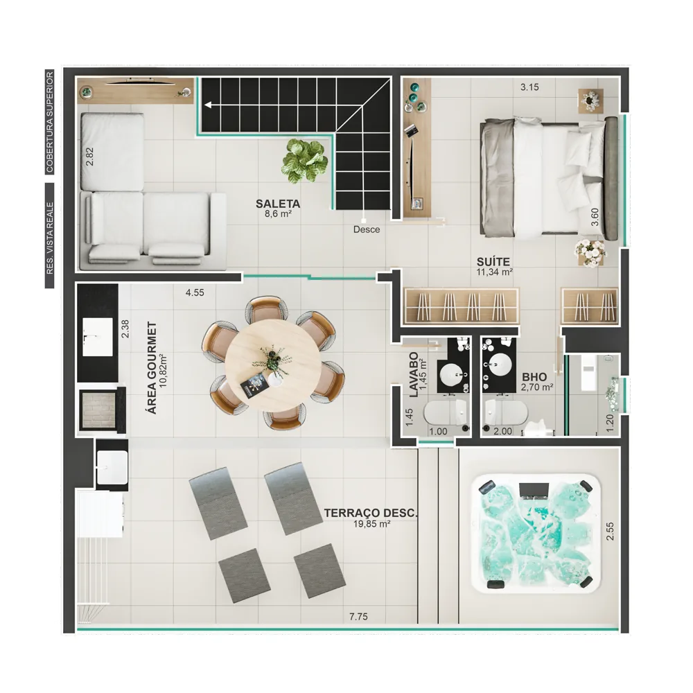Planta com cotas do piso de cima da cobertura duplex do Vista Reale: saleta, suíte, lavabo, área gourmet e terraço descoberto de 19,85 m²