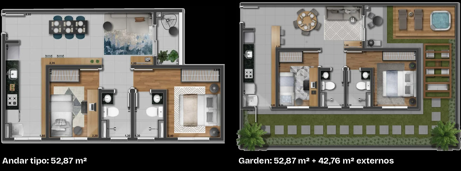 Plantas do Vitta Arysta: à esquerda o apartamento tipo de 52,87 m² com 2 quartos, sendo 1 suíte, e varanda; à direita o garden do térreo com a mesma planta e 42,76 m² de área externa