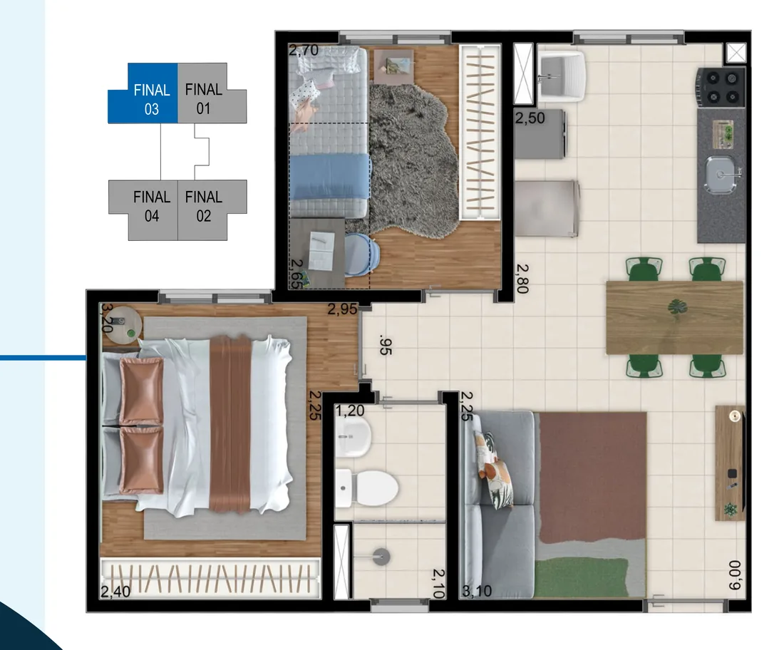Planta do Vitta Jardim Sul, 39,49 m², com dois dormitórios, banheiro, sala e cozinha em conceito aberto e área de serviço