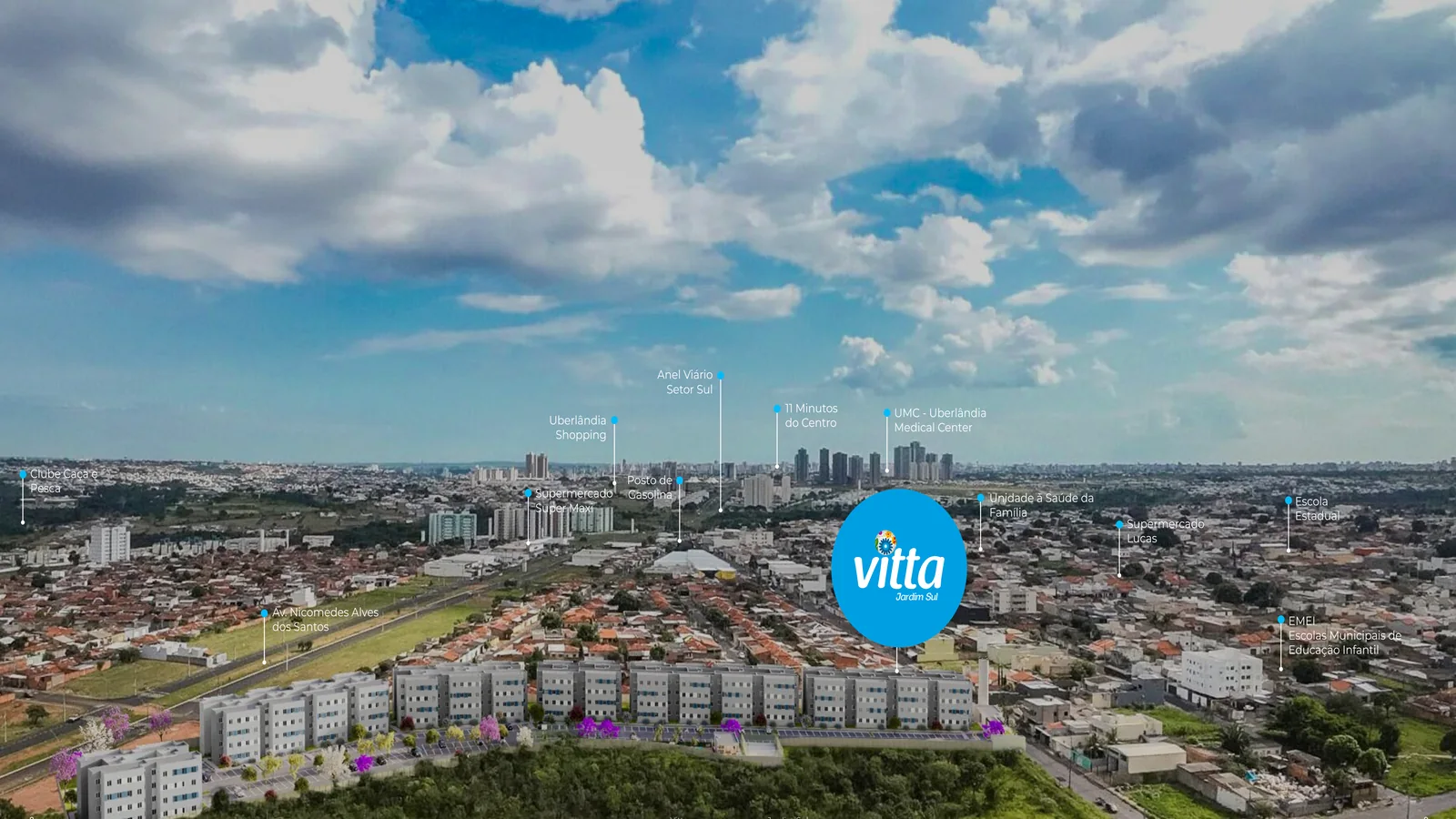 Vista aérea do Vitta Jardim Sul, no Shopping Park, zona sul de Uberlândia, com os pontos de referência da região