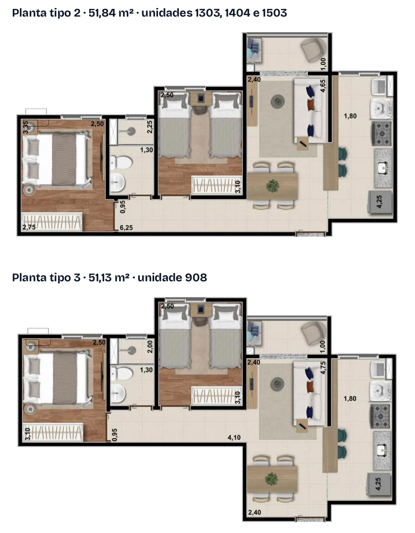 Plantas do Vitta Origon: tipo 2 com 51,84 m², das unidades 1303, 1404 e 1503, e tipo 3 com 51,13 m², da unidade 908, ambas com dois dormitórios, banheiro, sala e cozinha integradas