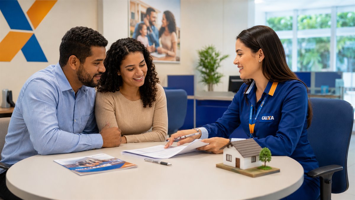 Casal sendo atendido por uma consultora da Caixa para financiar o imóvel pelo Minha Casa Minha Vida