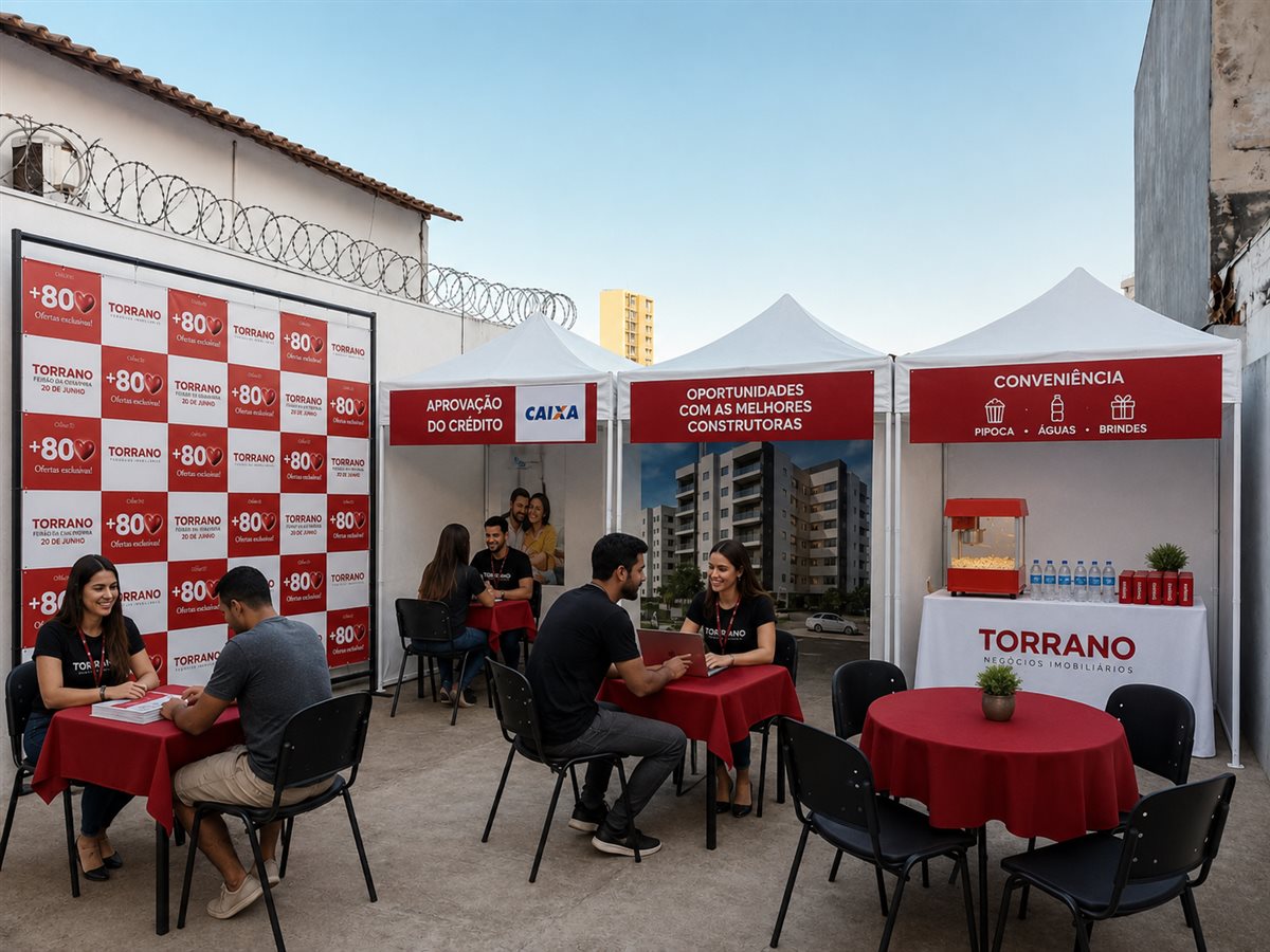 Estrutura do feirão da Torrano com estandes da Caixa, construtoras parceiras e área de atendimento personalizado