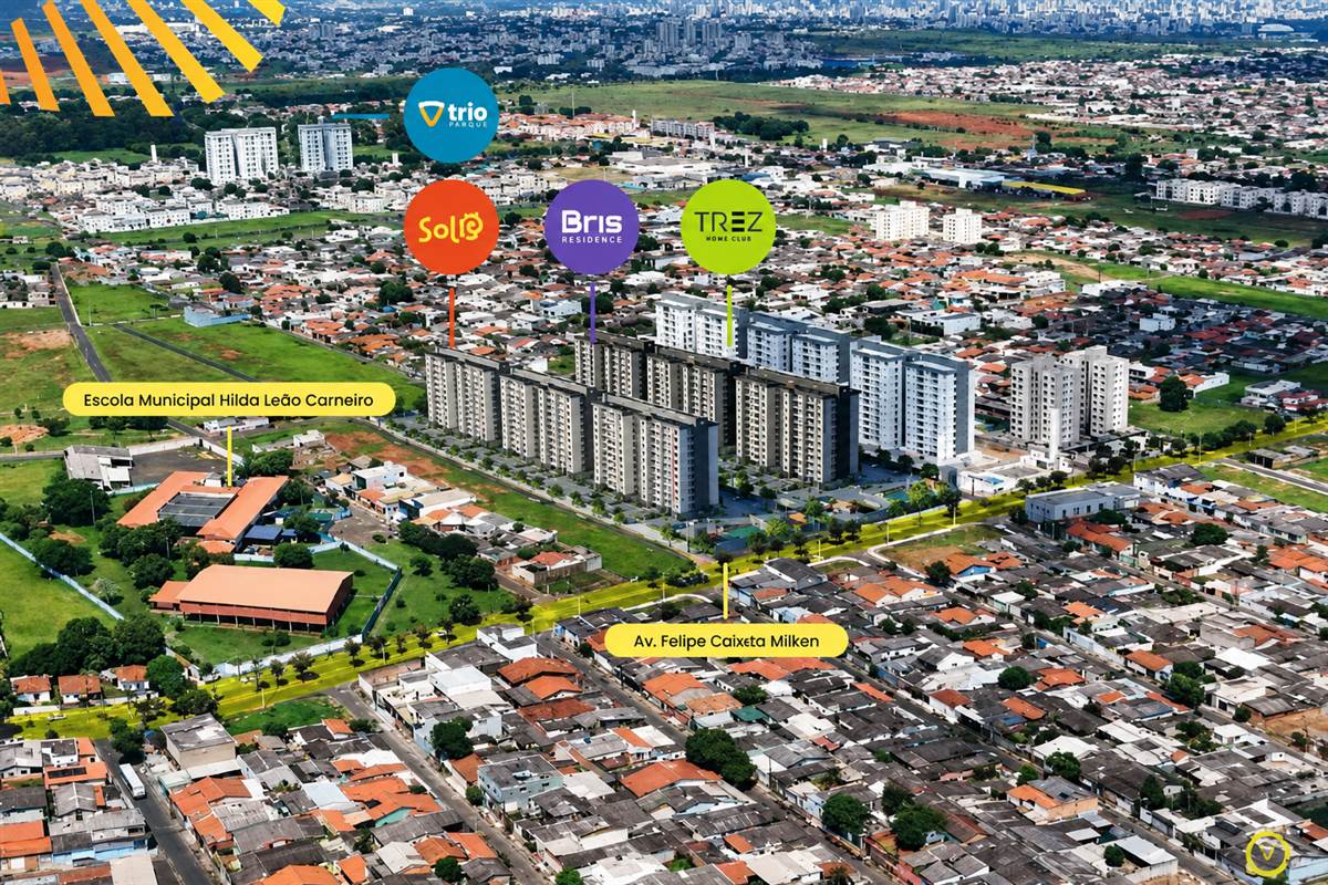 Vista aérea do bairro Morumbi em Uberlândia com Bris Residence, Trez Home Club e Solis marcados — Av. Felipe Caixeta Milken em destaque